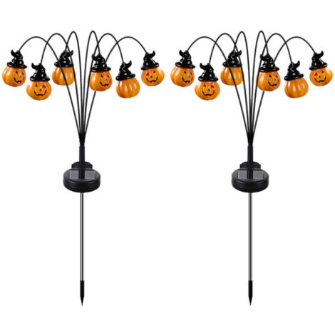 Vtizikl 2PCS Guirlandes lumineuses d'Halloween d'extérieur, 2025, nouveau modèle à LED solaire, chapeau de sorcière, lanterne citrouille orange décorative et effrayante pour jardin, allée,ardin, fête 