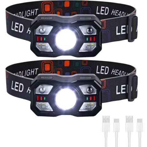 Vtizikl 2PCS Lampe Frontale LED Rechargeable Puissante , Ultra Lumineuse , Légère et Durable avec Capteur et Rouge d'Éclairage IPX5 pour Course, Pêche, Cyclisme, Camping