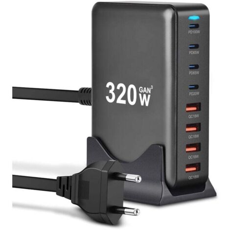 Vtizikl 320W Chargeur USB C,8 Ports Multiple GaN Chargeur Secteur avec 4 USB-C et 4 USB-A,Chargeur Rapide Station de Charge Adaptateur Compatible avec MacBook Pro/Air Laptop,iPhone,iPad Pro,Galaxy,Ste