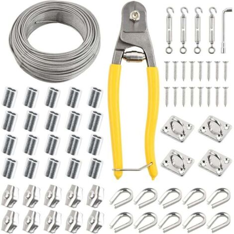 Vtizikl 50m Serre Cable Acier, 67 Pcs Kit Gaine Cable 3mm 7x7 avec 4 Tendeur Cable, 20 Boucles Sertissage, 10 Cosses Cable, 10 Pinces, 4 Crochets Muraux, Clé, Coupe Fil, Cable INOX Rideau Fil Corde a 