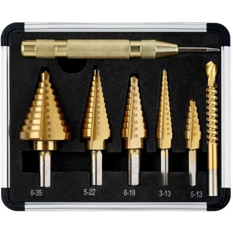 Vtizikl 5PCS Foret Étagé (5-13mm, 3-13mm, 6-19mm, 5-22mm, 6-35mm), 1 Poinçon Central Automatique + 1 Foret Hélicoïdal, Foret de Coupe Conique à Double Fente Revêtu de Titane Hss avec Étui