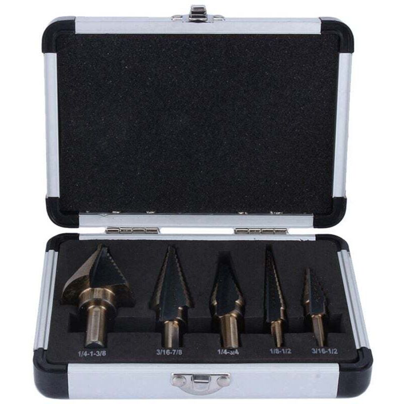Image of Vtizikl 5Pcs HSS Forets étagé Mèche conique Trépan à redan kit Outil électrique avec Boîte range