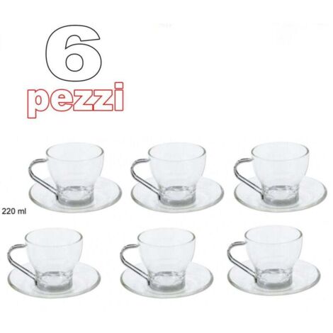 Vtizikl 6 Tazza Da Cappuccino Tisana Caffe' In Vetro Con Manico Acciaio Con Piattino -