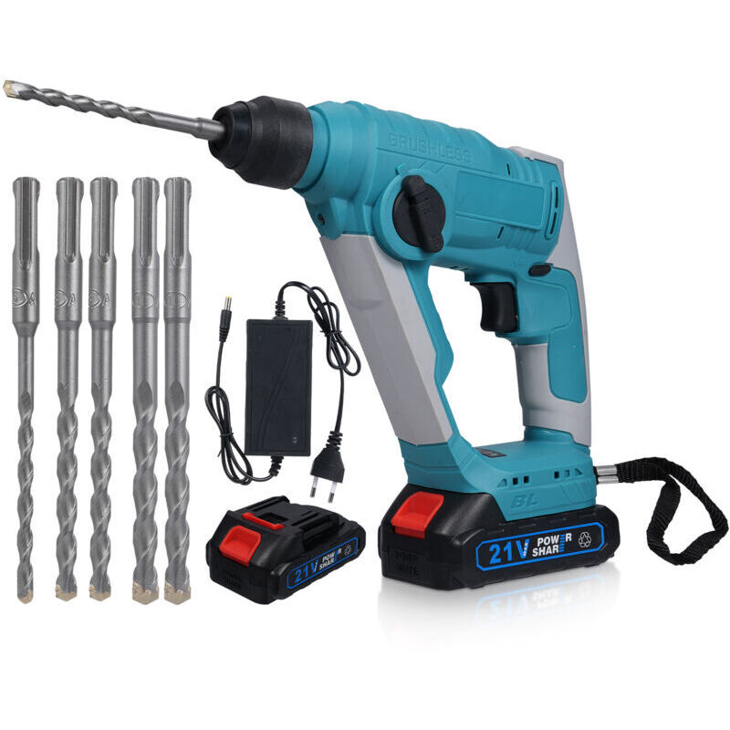 Vtizikl 700W Marteau perforateur sans fil 21V, énergie de frappe 2 J, avec 6 bits , 800r/min, 2Batterie moteur de marteau perforateur sans balais,