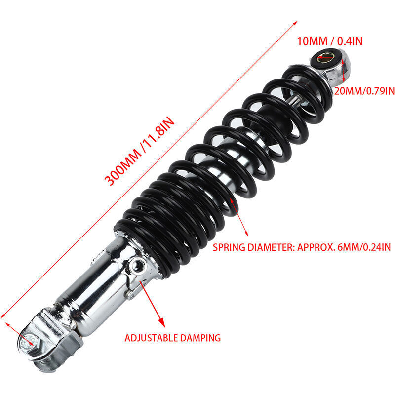Vtizikl Amortisseur de moto 300 mm Amortisseur de suspension arrière 5 vitesses réglable pour GY6-125 50 60 80 150 cc Moteur Scooters Cyclomoteurs