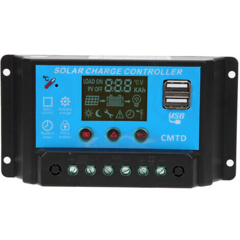 Vtizikl Contrôleur de charge solaire automatique pour batterie au plomb 12 V/24 V 20 A, régulateur PWM, double sortie USB 5 V