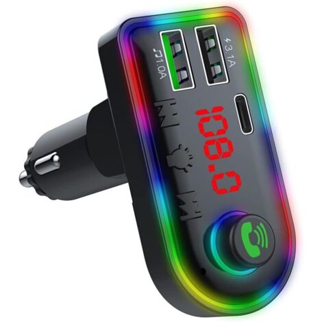 Vtizikl Émetteur FM Bluetooth 5.0 pour voiture – Charge rapide 3,1 A – Adaptateur allume-cigare avec éclairage d'ambiance 7 couleurs