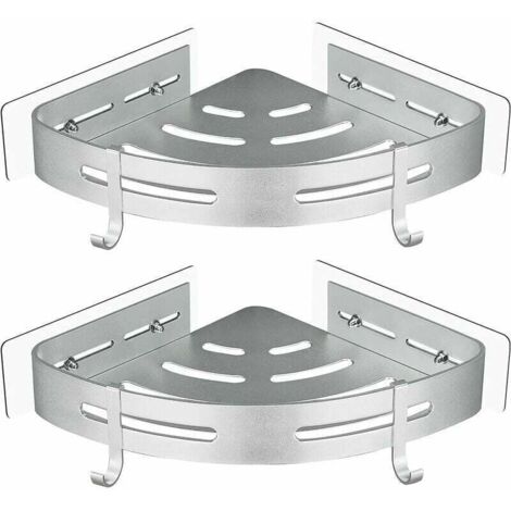Vtizikl Etagère de Douche d'angle sans Perçage en Aluminium Aéronautique avec 2 Crochets pour Douche Support Antirouille Autocollant pour Articles de Salle de Bains 2 Pièces (Argent)