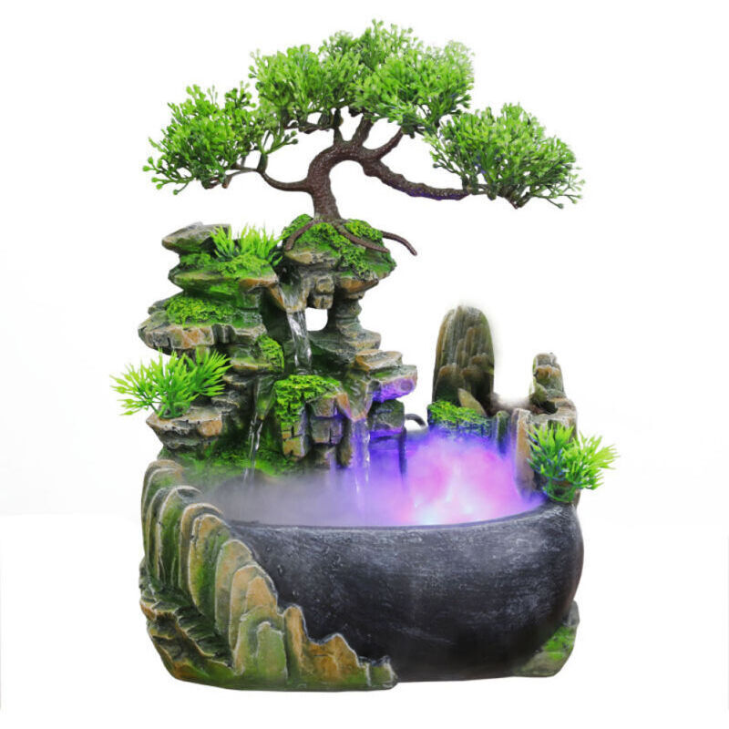 Vtizikl Fontaine d'intérieur avec Eclairage Plantes et Pierres Décoratives Fontaine Décorative d'intérieur Fontaine Zen de Table avec Lumière LED