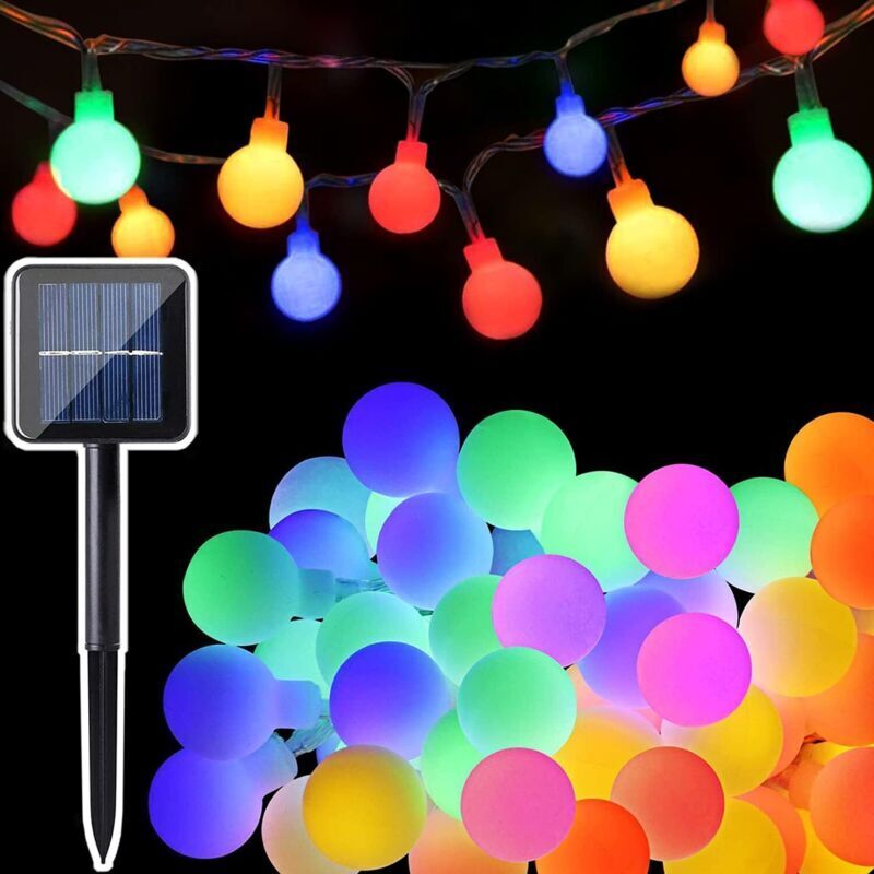 Vtizikl Guirlande Lumineuse Solaire Boule 12M, 100 LED Guirlande lumineuse Multicolore Extérieure, 8 Modes Imperméable Jolie Décoration Lumière