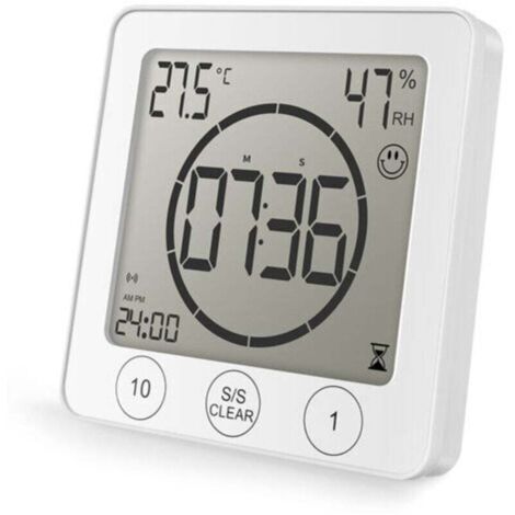 Vtizikl Horloge de Douche Salle de Bain, Contrôle Tactile étanche, Alarme Numérique LCD, Thermomètre Hygromètre, Minuterie de Compte à Rebours, Alimenté par Pile, pour Maquillage Cuisine (blanc)