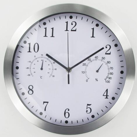 Vtizikl Horloge murale ronde à quartz, horloge murale intérieure silencieuse en aluminium avec thermomètre et hygromètre pour salon, cuisine, bureau (blanc)