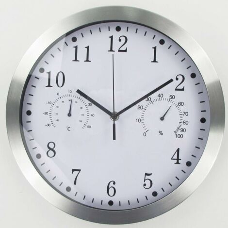 Vtizikl Horloge murale ronde à quartz, horloge murale intérieure silencieuse en aluminium avec thermomètre et hygromètre pour salon, cuisine, bureau (blanc)