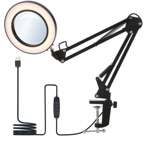 Vtizikl Lampe de bureau LED à intensité variable avec 3 modes de couleur et 10 niveaux de luminosité, Lampe de Table flexible à pince avec miroir grossissant 8x, Lampe bureau à bras rotatif, Noir, Con