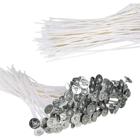 Vtizikl Lot de 100 mèches de bougie fonctionnelles sans fumée – Mèche en coton pré-ciré avec languettes de maintien en métal pour la fabrication de bougies piliers et le bricolage, 20 cm