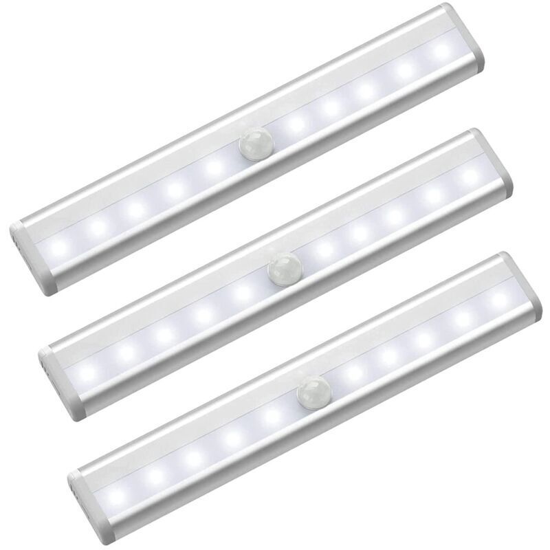 Vtizikl Lumière de Placard, 3Pcs Lampe de Placard, Lampes 10LED, Sans Fil, Aimanté, Détecteur de Mouvement, Baladeuse de Secours