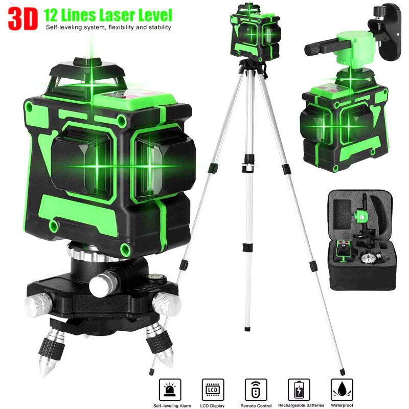 Vtizikl Niveau laser en 3 x 360° 3D 12 Lignes Auo-équilibrage du Niau Laser Vert Rotatif Outil de Niveau Vertical Horizontal avec 2400 mAh Batterie,