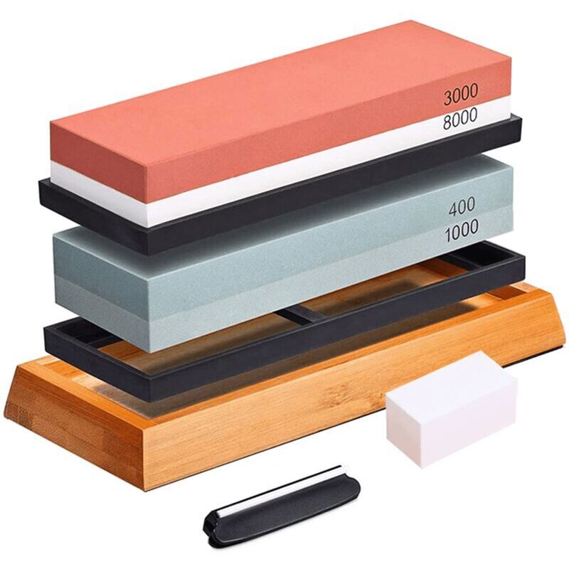 Vtizikl Pierre à Aiguiser - Ensemble Aiguiseur de Couteau Professionel 400/1000 3000/8000 avec Base en Antidérapante Pierre à Aplatir Guide d'angle
