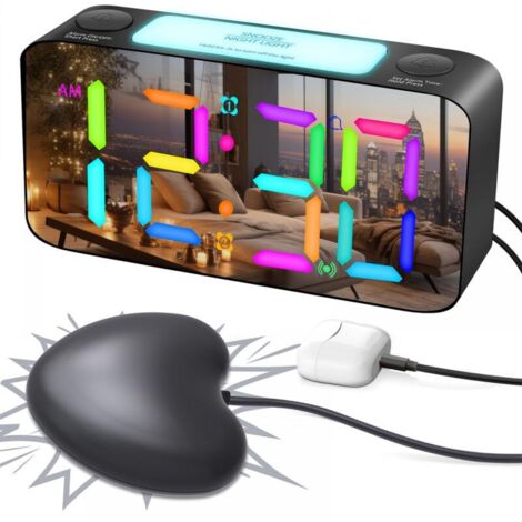 Vtizikl Réveil vibrant RGB, direct usine, 15 couleurs, son puissant, grands caractères, grand écran, accessoires inclus – Noir