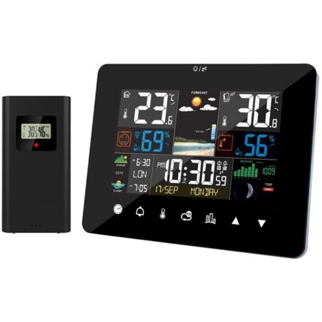 Vtizikl Station Météo avec Intérieure Extérieure Capteur sans Fil Station Météo de lever et coucher du soleil Réveil Thermomètre Hygromètre Opération d'écran tactile avec capteur extérieur sans fil