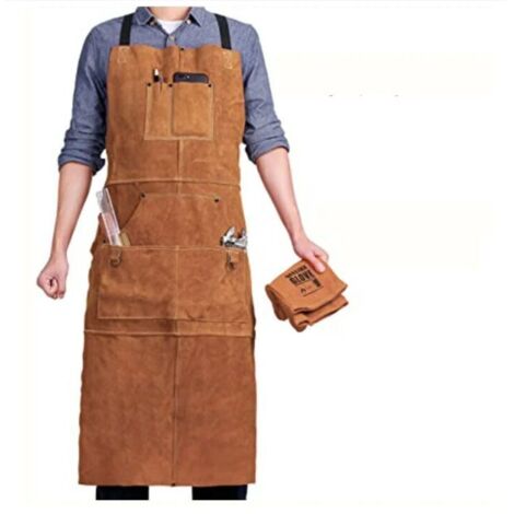 Vtizikl Tablier de Soudeur avec 6 Poches, Tablier de Travail en Cuir Anti-Chaleur Ignifuge, Tablier de Menuisier pour Homme Réglable de M à XXXL, Parfait pour Forgeron, Mecanicien, Atelier NPTERBL