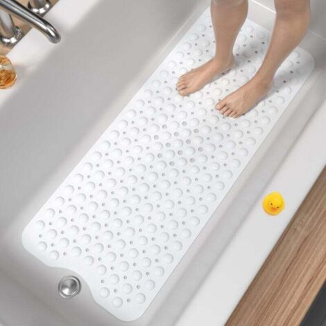 Vtizikl Tapis de Baignoire Antidérapant, 100 x 40cm Très Long Tapis de Douche Antiderapant, Résistant aux Moisissures & Lavable en Machine Tapis de Bain sans BPA, Blanc