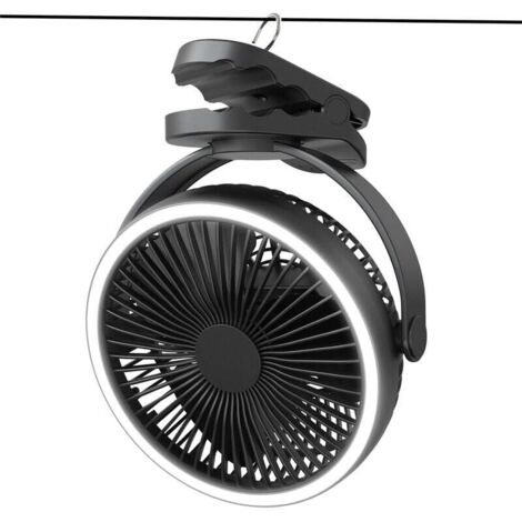 Vtizikl Ventilateur de camping  à pince, USB, autonomie de 6 à 21 heures, 4 vitesses, éclairage LED, crochet pour tente, rotation à 360°, silencieux et rechargeable, noir.