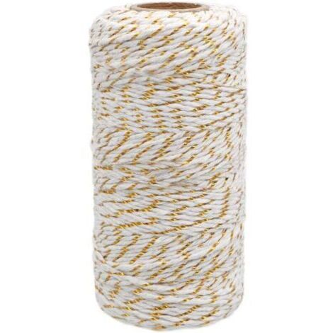 VtiziklFicelle de Coton Noël, Baker's Twine Corde Blanc avec fil doré, 2mm100M, pour l'emballage cadeau, Décoration, Loisirs Créatifs, Ensoleillé