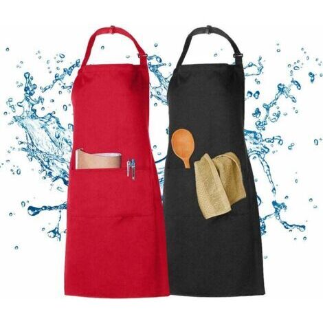 VtiziklLot de 2 Tabliers Imperméables Tablier de Cuisine Homme Femme Noir Rouge Tablier de Cuisine avec 2 Poches Tablier Femme Homme Tabliers à Bavette Restauration Tablier BBQ