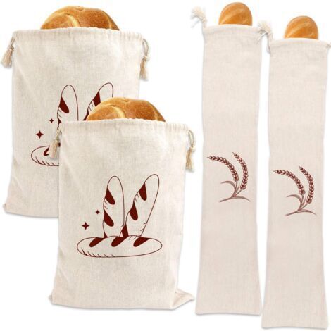VtiziklLot de 4 sacs à pain en lin pour pain maison, non blanchis, réutilisables, sacs à baguette de boulangerie