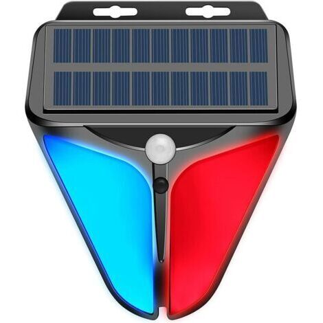 VtiziklLumière d'alarme stroboscopique solaire avec détecteur de mouvement 129 dB sirène de sécurité sonore IP65 étanche et 4 modes lumière bleue rouge pour Camp Farm Barn Yard Villa, 1pc, Ensoleillé