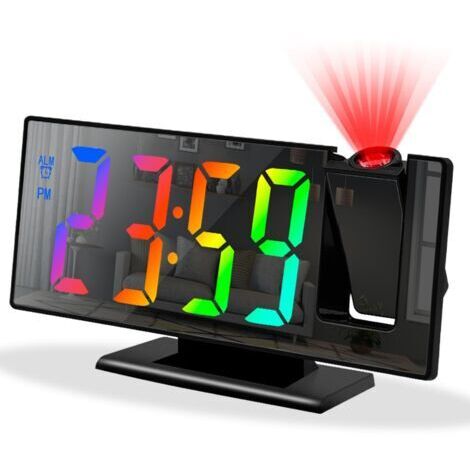 VtiziklRéveil à projection pour chambre à coucher, horloge intelligente numérique avec projecteur rotatif à 180°, variateur de luminosité à 3 niveaux, écran couleur LED clair, horloge