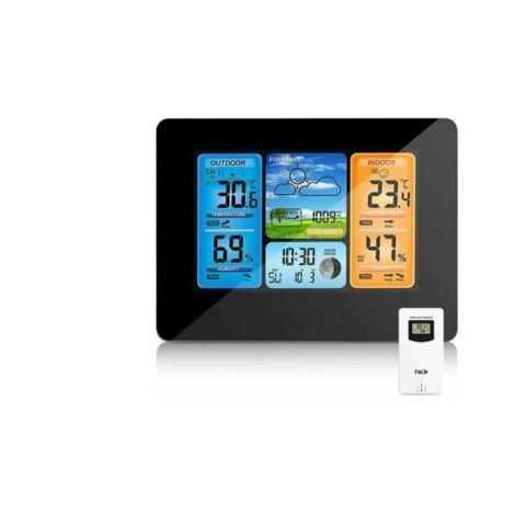 VtiziklStation météo sans Fil Horloge de météo ,colorée numérique avec capteur extérieur ,Thermomètre extérieur intérieur avec Date Température Humidité Baromètre Alarme Phase de la Lune Horloge météo
