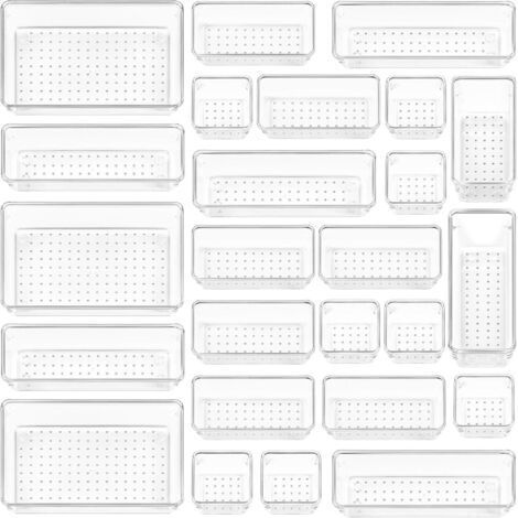 Vtopmart Lot de 25 Organisateurs de Tiroir – 4 Tailles, Rangement Tiroir en Plastique Transparent – Parfait pour Salle de Bain, Coiffeuse, Bureau, Cuisine, Outils et Maquillage