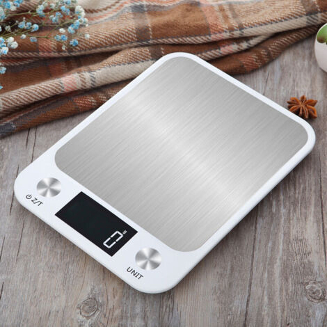 VURAHOME - 10kg Rechargeable Balance Cuisine, Balance Electronique Precision 0,001kg Avec 2 Batterie, Balance Numérique en Acier Inoxydable, 7 Unité, Rétroéclairé par LCD-Display, Fonction Tare(Blanc)