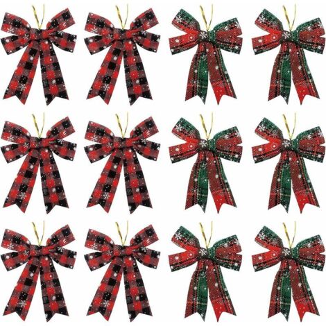 VURAHOME - 12 Pièces Nœuds De Noël Décorations D'Arcs De Sapin De Noël Nœuds À Carreaux De Noël Décoratifs De Fêtes Pour La Décoration De Noël Fournitures De Bricolage, 13 X 11Cm