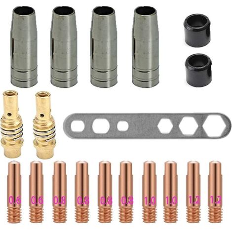 VURAHOME - 15AK MIG MAG Embouts de Contact de Buse de Soudage Consomable Kit (10 x Tube de Contact M6 0,8 mm, 4 x Buse, 2 x Connecteur, 2 x Isolant, 1 x Outil), 19 Pièces