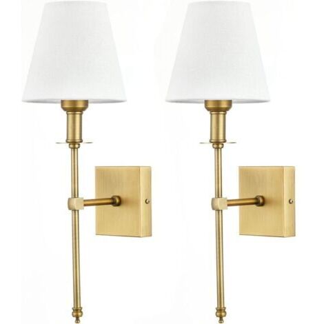 VURAHOME - 2 Pack Appliques Murales avec Abat-jour en Tissu Blanc, Lampe Murale Interieur Salle de Bain Métal Or, Classique Luminaire Applique pour Chambre Salon Couloir, Douille d'Ampoule E27