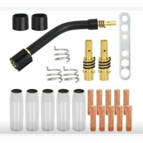 VURAHOME - 25 pcs accessoires soudage d'usure, 10 tubes de contact M6 0.8, 5 buses, 2 supports tube contact, 3 ressorts maintien, 2 douilles isolante, 1 clé, 1 col de cygne pour MIG MAG MB15 Soudeur