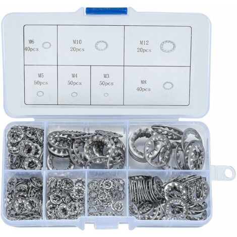 VURAHOME - 270 Pièces Rondelles Dentées Internes, Rondelles de Blocage Acier Inox, M3/M4/M5/M6/M8/M10/M12 Rondelles à Ressort de Serrage Kit Assortiment,Versailles