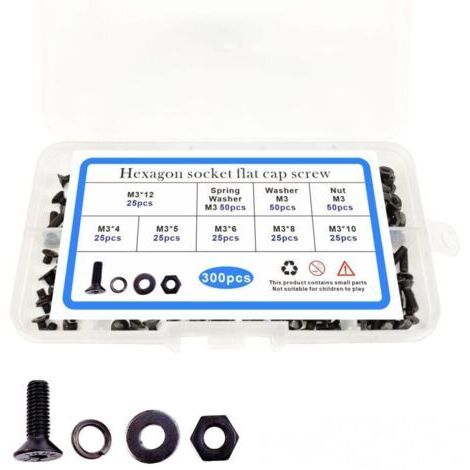 VURAHOME - 300pcs tête fraisée noire m3 boulon écrou, plat pad Spring box set, tête plate vis hexagonale intérieure,de