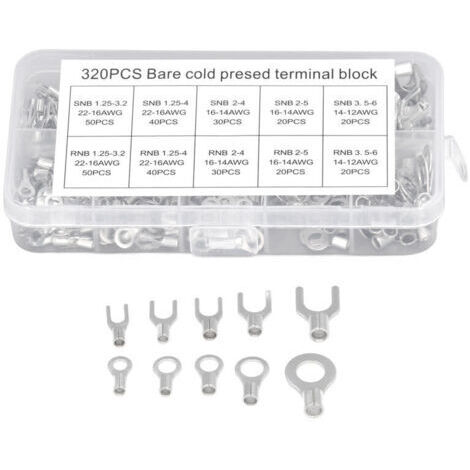 VURAHOME - 320 pièces Kit de connecteurs à fourche à anneau Cosses de fil non isolées Bornes de câble de batterie Fourche à sertir en cuivre électrique ronde,DUBUNS
