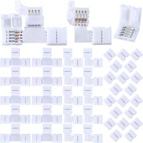 VURAHOME - 40 Pièces Connecteurs de Bandes LED Connecteur de Bandes Lumineuses RVB à 4 Broches Connecteurs de Lumière d'Adaptateur Led sans Soudure T Connecteur Forme L 10 mm pour Bande Lumineuse 5050
