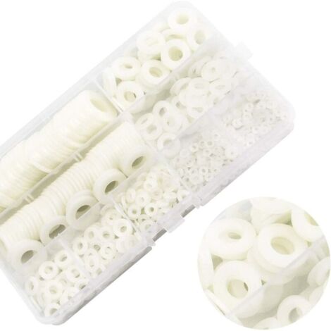 VURAHOME - 500 Pièces Nylon Rondelle Plat Rondelle Rond Plat Joint Rondelle Joint Joint 8 Taille M2 M2.5 M3 M4 M5 M6 M8 M10 Blanc avec Boîte de Rangement