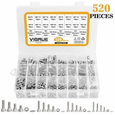 VURAHOME - 520 pièces M3 M4 M5 M6 vis à tête cylindrique à six pans creux 304 acier inoxydable filetage complet avec écrous et rondelles