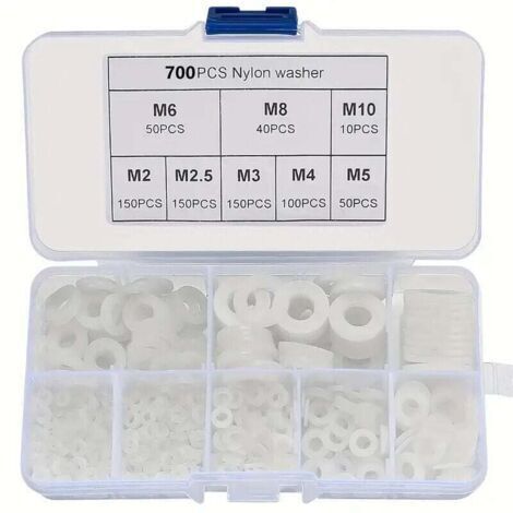 VURAHOME - 700 Pièces Blanc Nylon Rondelles Plastique, XU, Isolation Rond Rondelle plate Assortiment Kit, M2 M2.5 M3 M4 M5 M6 M8 M10 Rondelle pour Mécanique -