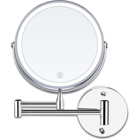 VURAHOME - 8 Pouces LED Miroirs Maquillage Mural Miroir Grossissant Lumineux, 1x/10x Grossissement Charge USB Réglable à 3 Couleurs, 360°Pivotant Extensible, pour Salles de Bain et,de