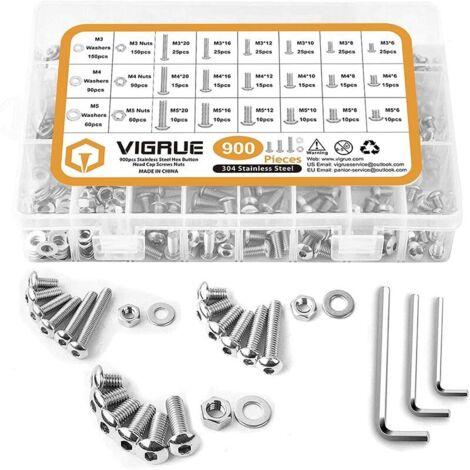VURAHOME -900PCS M3 M4 M5 304 en Acier inoxydable Bouton à tête hexagonale Socket Tête Câble Boulons Vis avec écrous Assortiment，