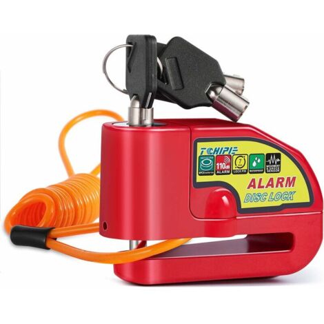 VURAHOME -  Antivol Moto Bloque Disque avec Alarme de 110dB, Antivol Scooter Bloc Disque Moto Alarme pour Moto/Vélo/Scooter, 3 Clés, 1,5m Câble de Rappel, Piles de Rechange, Rouge