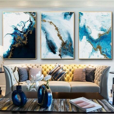 VURAHOME - Art Toile Marine Bleu Abstrait Noyau Abstrait Mur Affiche et Impression Minimaliste Peinture Nordique Décor Peinture-(50X70cm)X3 Sans Cadre